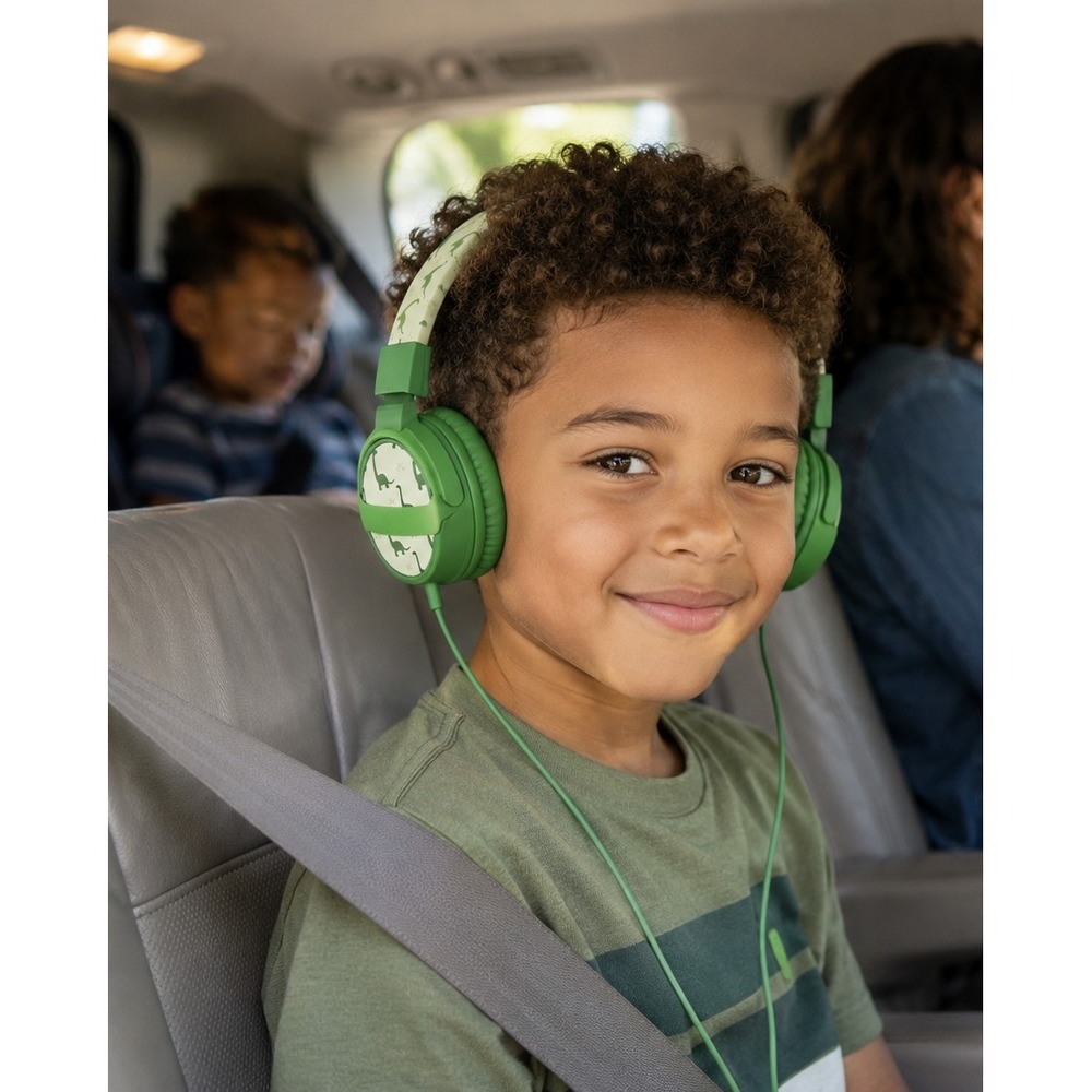 Gabba Goods Safe Sounds Kids Foldable Headset Green Dinosaur Volume Limiting Mic